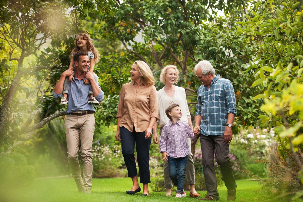 family walking in backyard